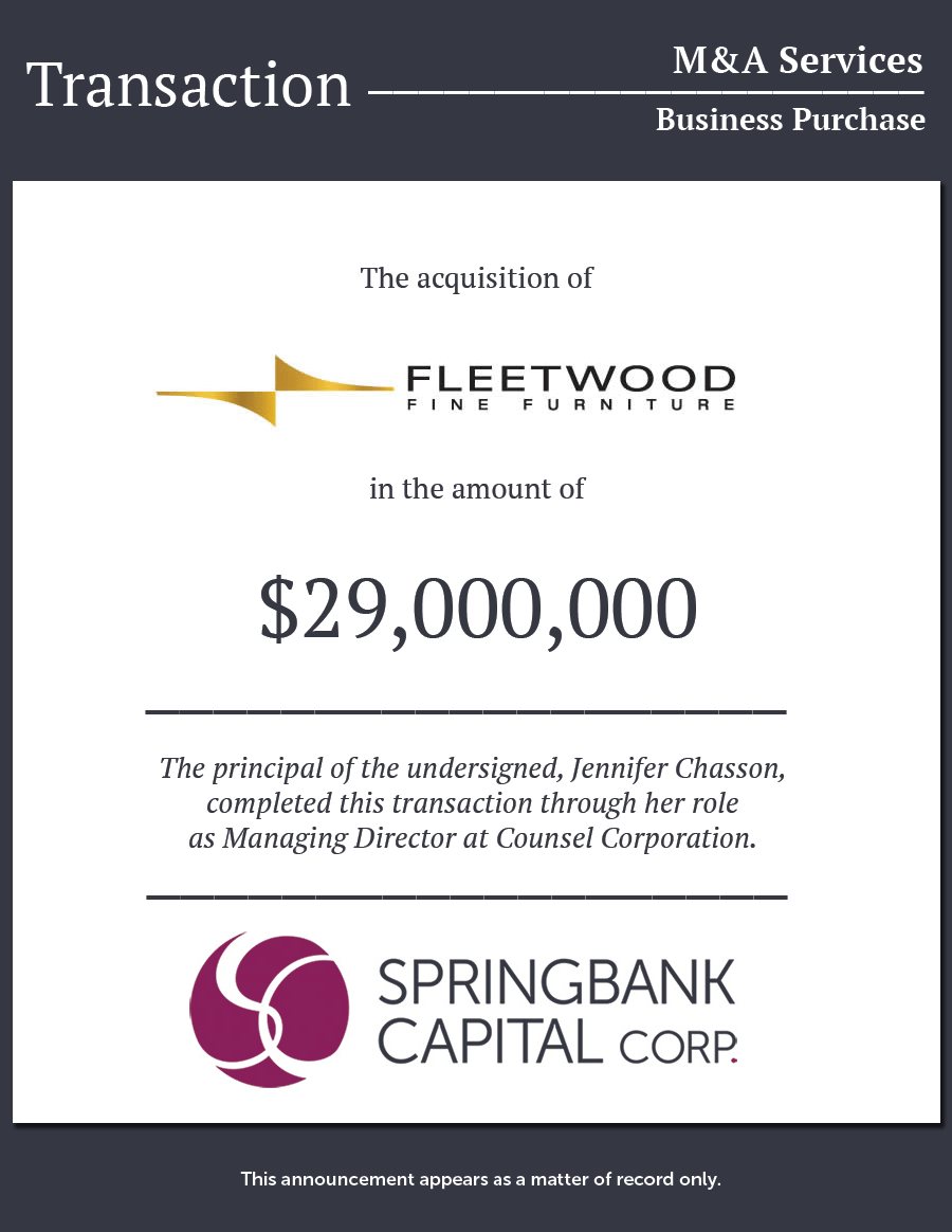 Springbank Capital Corp. – Fleetwood Fine Furniture
