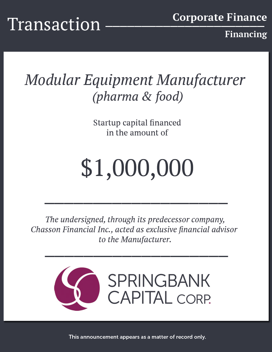 Springbank Capital Corp. – Modular Equipment Manufacturer